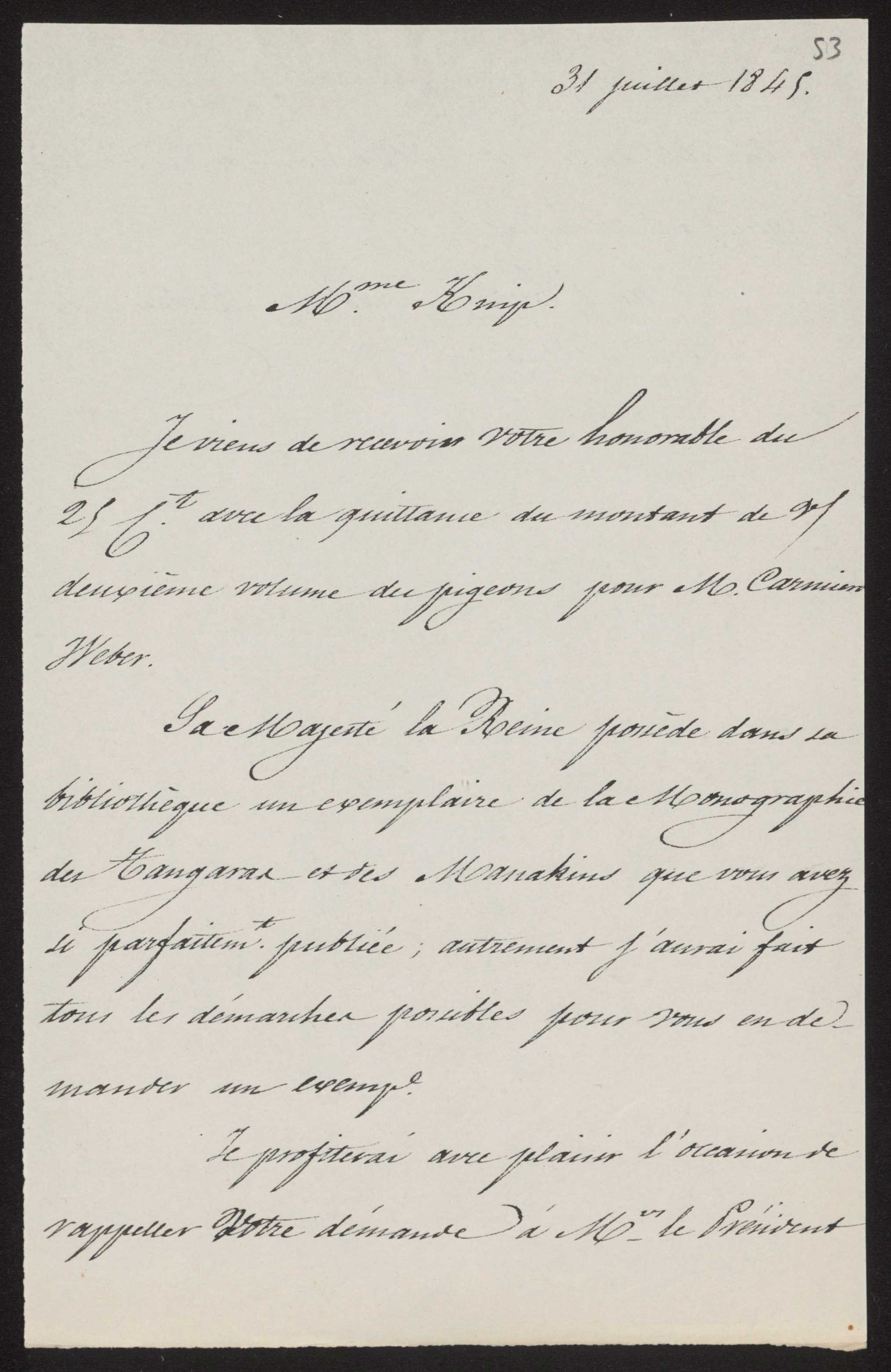 Borrador de carta de Miguel Salvá a Madame Knip fechada en Madrid a 31 de julio de 1845. (ARB/4, CART/6, doc. 53r).
